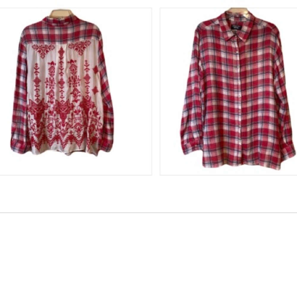 Johnny Was Red Blue White Plaid Tunic Top Red White Embroidered Back XL